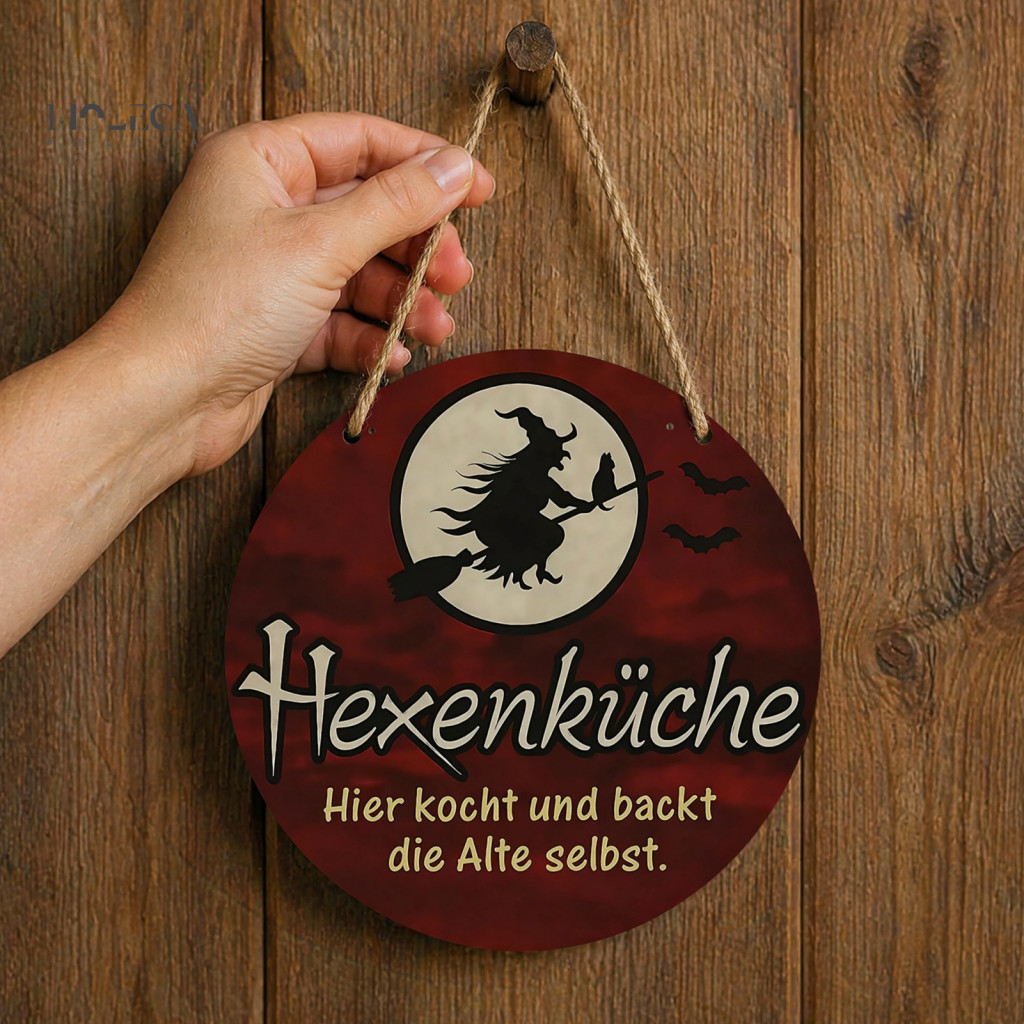 Halloween Witch Bat Wall Hanging Decorative Art for Party Wooden Sign Round Full Moon Door Decor Retro for Front