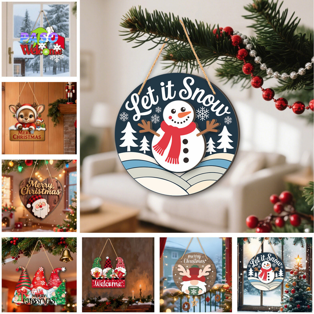 Holiday Hanging Decor for Front Door Natural Pine Welcome Hanger Christmas Wooden Pendant Sign Decorative Reindeer Santa