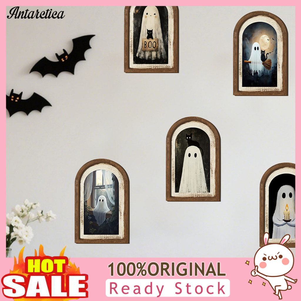 Fall Season Decorative Accent Cute Ghost Wooden Sign Halloween Wall Decor Vintage Table Arch Framed Picture for Party Sp