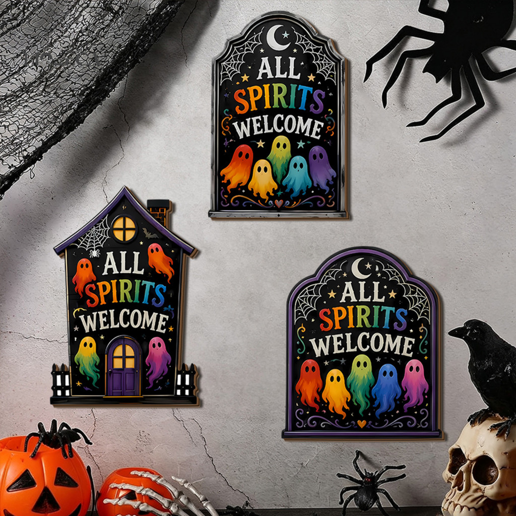 Decorative Wood Craft Hanging Holiday Decor Rainbow Ghost Halloween Wooden Sign Spooky Moon Spider Web Wall Ornament for