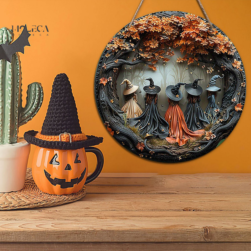 Boho Style Home Accent Rustic Wooden House Sign Halloween Hanging Door with 5 Witches Spooky Decorative Wall Plaque for