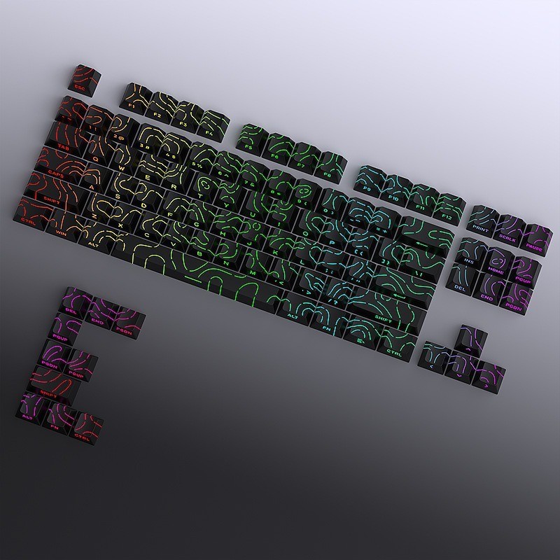 Keycaps Terrain, com linhas de contorno visíveis, material PBT de perfil Cherry, impressão lateral, adequadas para S