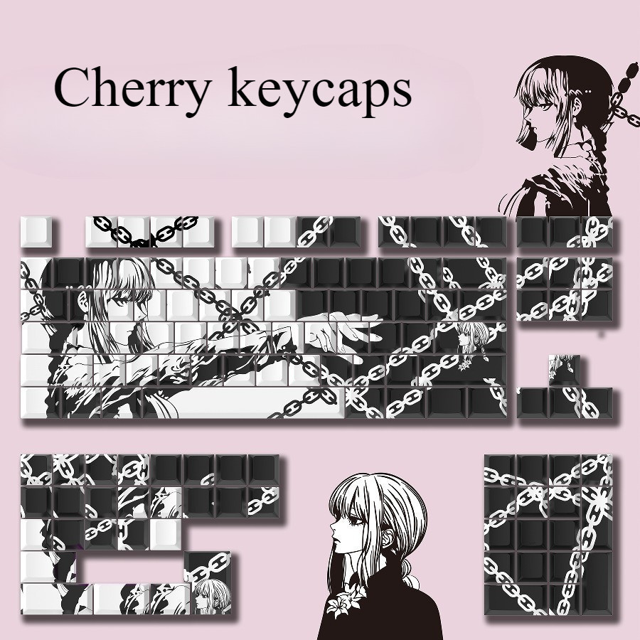 Novas keycaps com tema de anime, com padrões de cereja gravados e impressos lateralmente, feitas de material PBT, compat