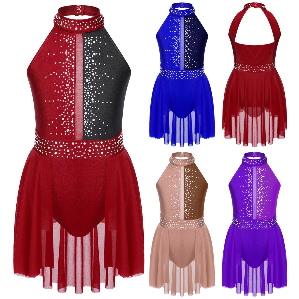 inhzoy Kids Girls Stylish Clothing Sleeveless Round Collar Shiny Rhinestone Decorated Backless Lyrical Dance Dress
