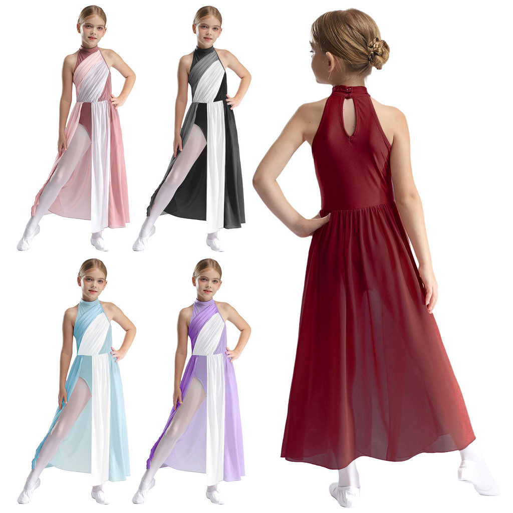 inhzoy Kids Girls Color Block Mock Neck Sleeveless Keyhole Back Split Dress for Modern Lyrical Dance Performance