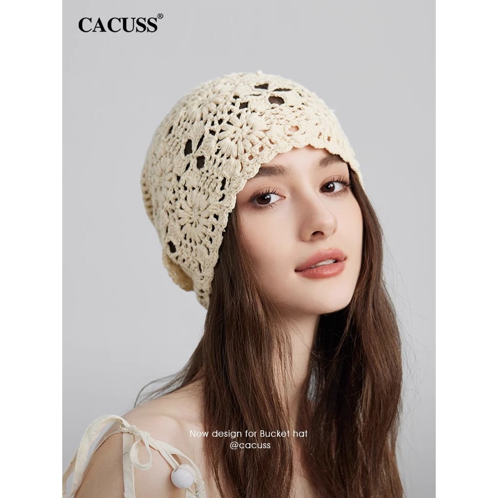 CACUSS estilo japonês oco pilha chapéu feminino 2025 primavera verão chapéu de lã fina artesanal crochê malha Toe boné c
