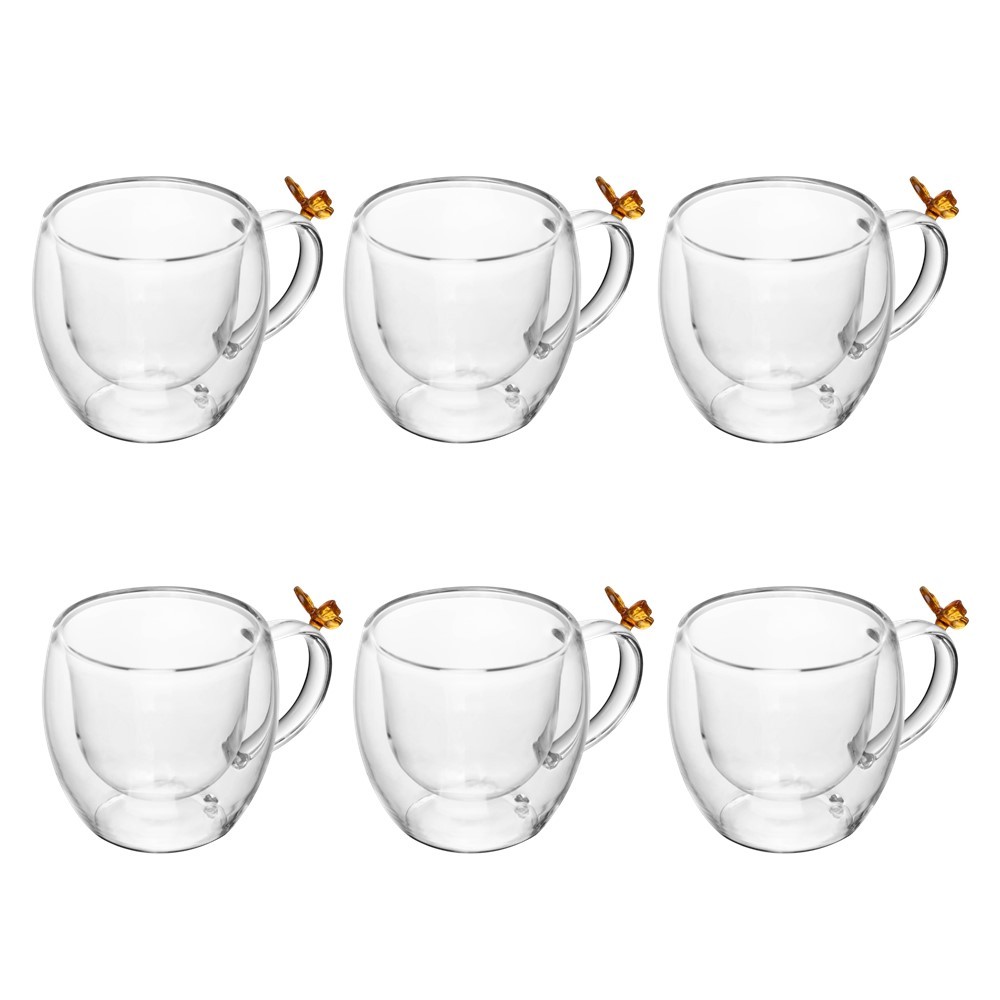Jogo 6 Xícara de Café 80ml Borboleta Parede Dupla Vidro Transparente Sun Garden Wolff