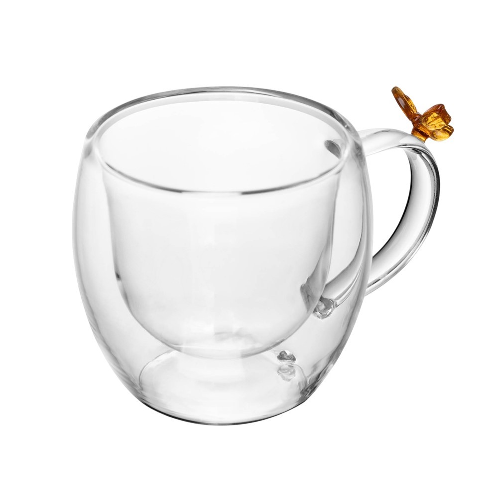 Jogo 2 Xícara de Café 80ml Borboleta Parede Dupla Vidro Transparente Sun Garden Wolff