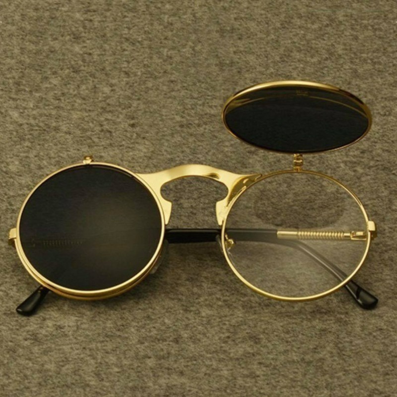 Óculos Flip Sun Glasses Steampunk Fold Homens Mulheres Lente Dupla Clear Alloy Frame Eyewear Shade UV400
