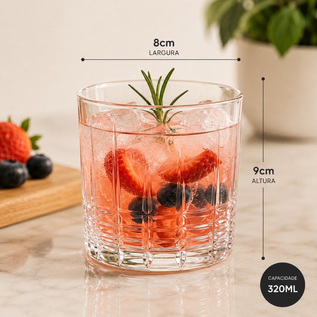 Conjunto 6 Copos de Vidro Sun Stone 320ml Lapidado Cristal Luxo para Água Suco Refrigerante Drinks