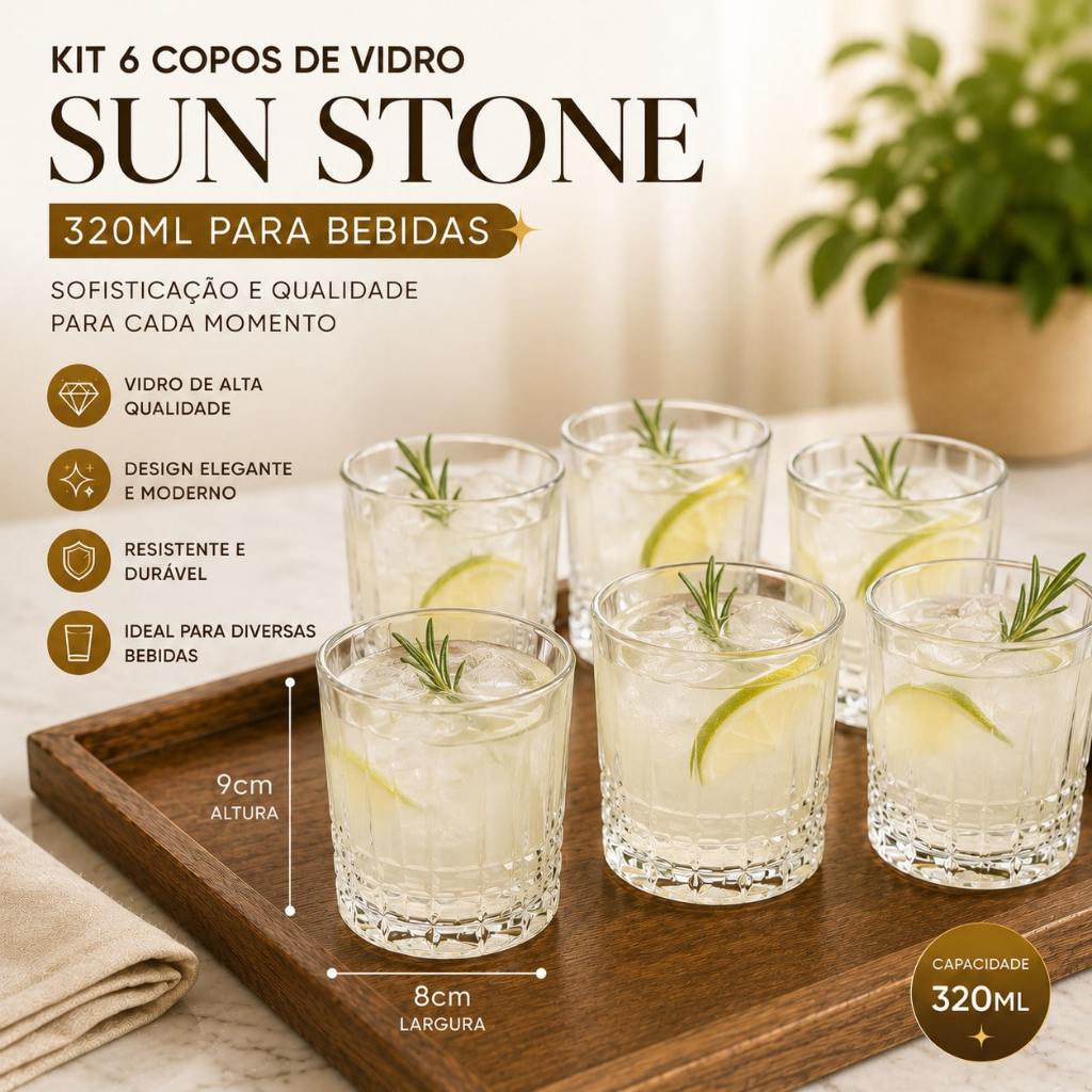 Kit 6 Copos Bebidas Sun Stone 320ml Vidro Lapidado Cristal Suco Água Refrigerante Mesa Posta Cozinha