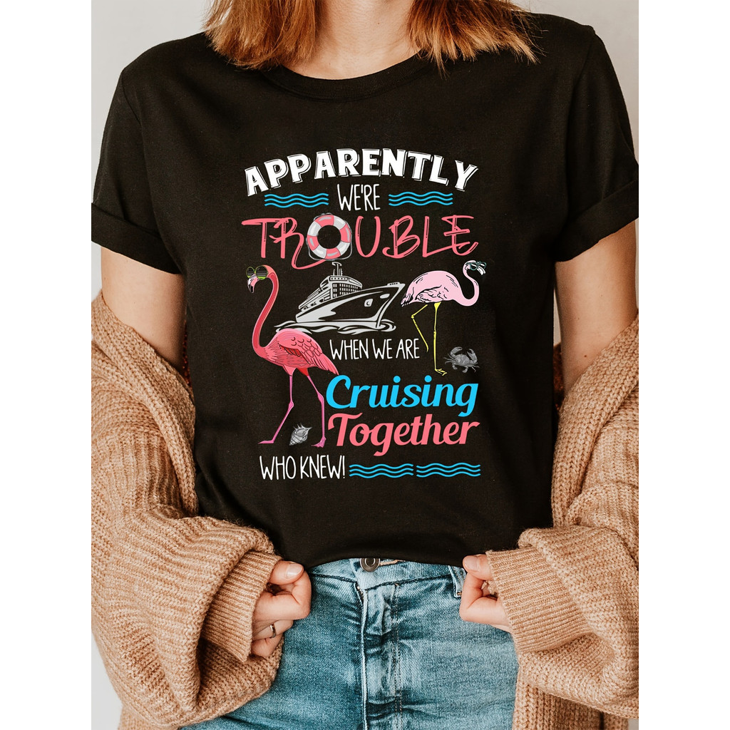 Camiseta Feminina Flamingo Fashion Letter Print Gola Redonda Manga Curta Confortável Estilosa Divertida Verão