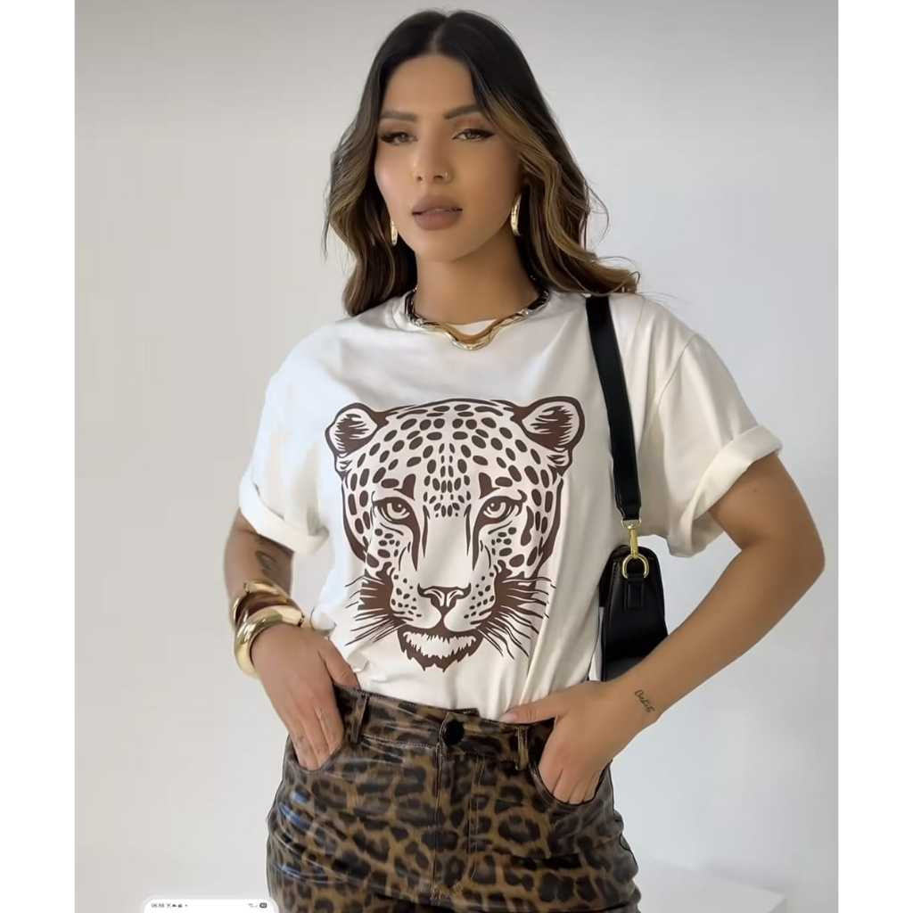 Tshirt Camiseta Feminina Onça Blusa 100% algodão Animal Print Estilosa Tendencia Blogueira