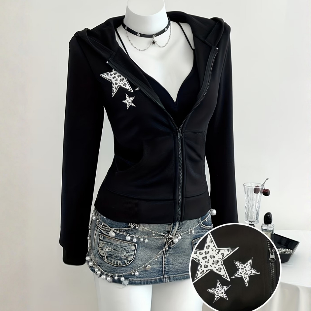 Blusa De Frio Feminina Zíper Capuz Estilo Gringa  Star Print Tendência