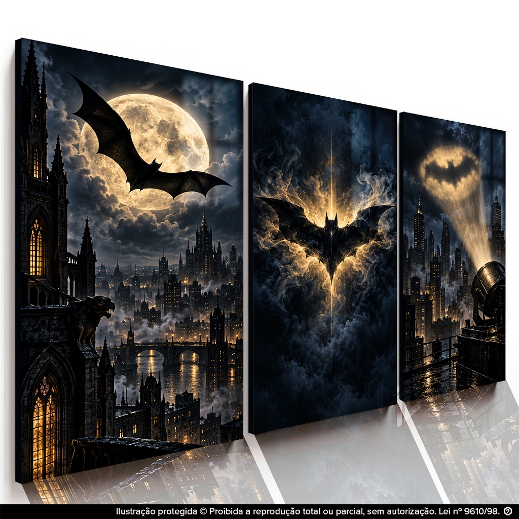 Kit 3 Quadros Decorativos Batman Gotham Bat-Sinal Estilo Sombrio para Quarto Gamer e Espaço Geek