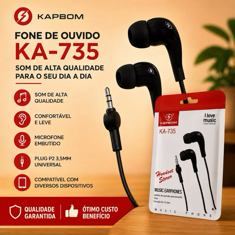 Fone de Ouvido com Fio KA-735 P2 3,5mm Stereo Universal