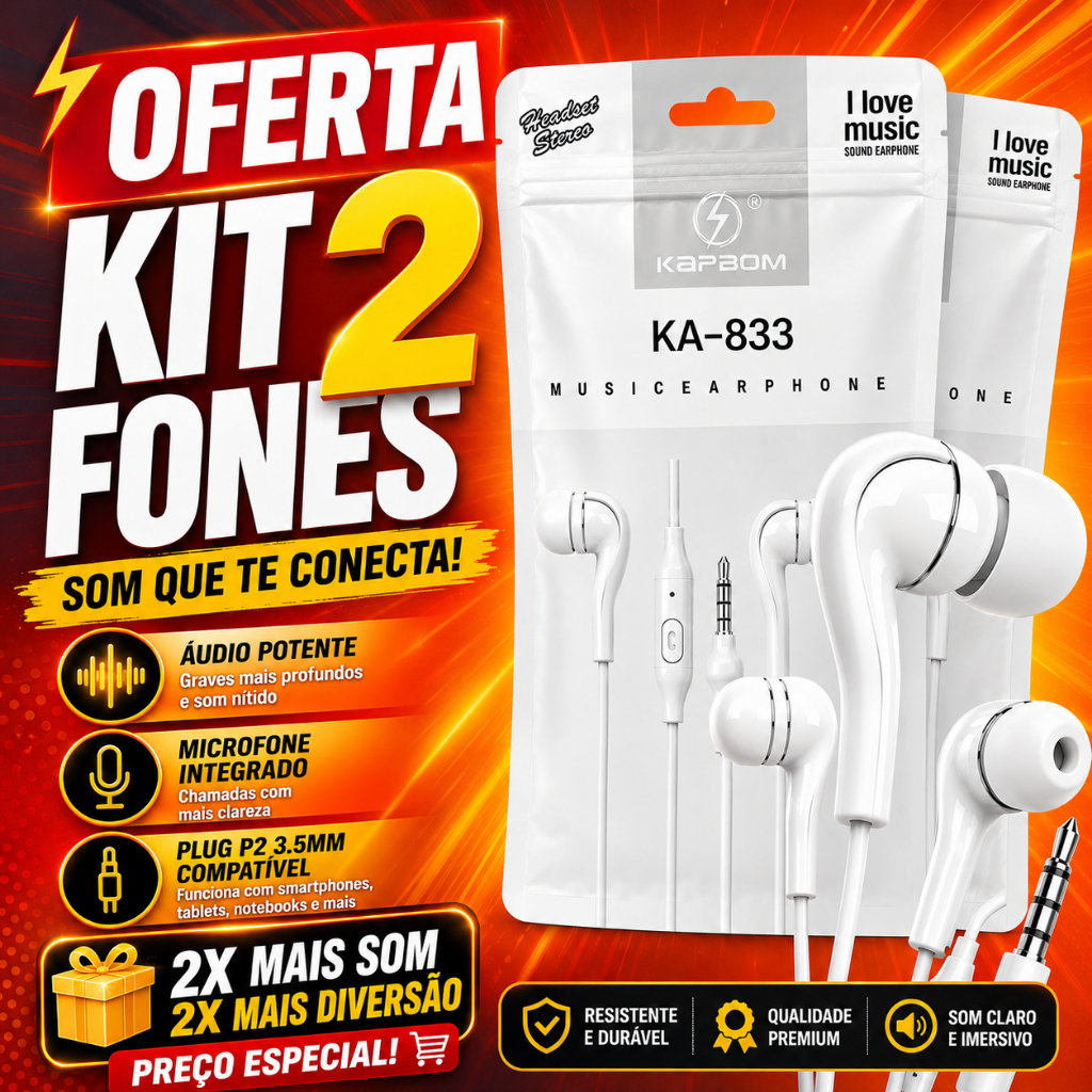 Kit 2 Fone de Ouvido com Microfone KA-833  P2 3,5mm Stereo Universal Branco Preto