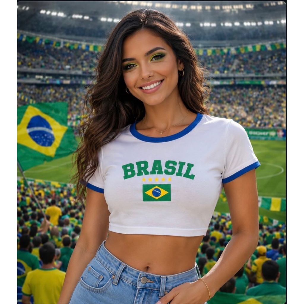 Blusinha Baby Look Cropped Feminina Brasil Retrô Camiseta Estampada Canelada  Premium