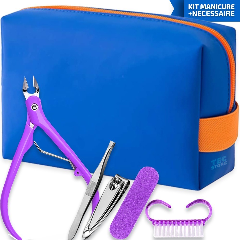 Necessaire Bolsa Organizador Impermeavel + Kit Manicure Unha Lixa Alicate Cortador Pinça Escova 5 pç
