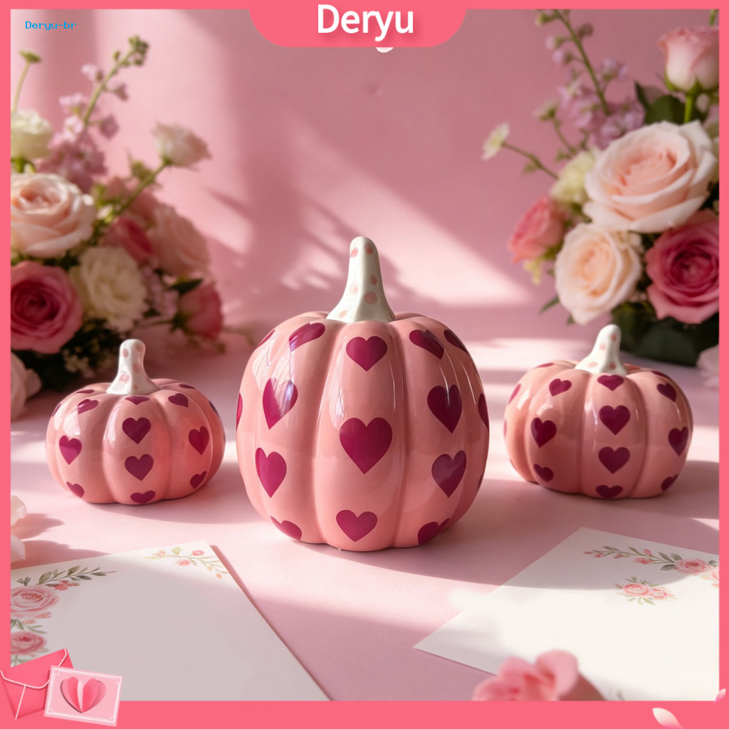 Pink Pumpkin Figurine Set Gift for Girlfriend Ceramic with Heart Pattern – Artificial Fall Harvest Decor Thanksgiving
