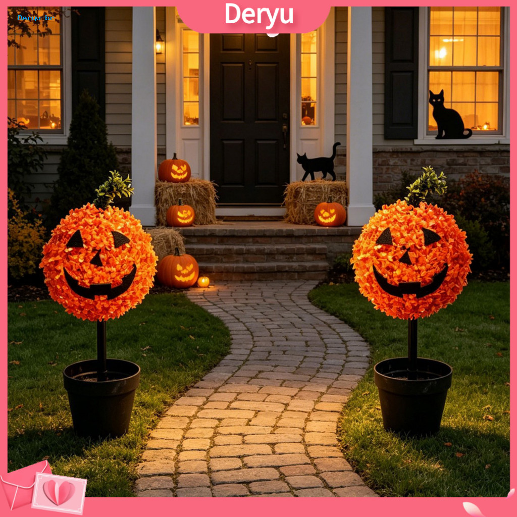 Halloween Pumpkin Topiary Artificial Tree with Face Faux Boxwood Plants on Stake Fall Autumn Thanksgiving Decor for Fron