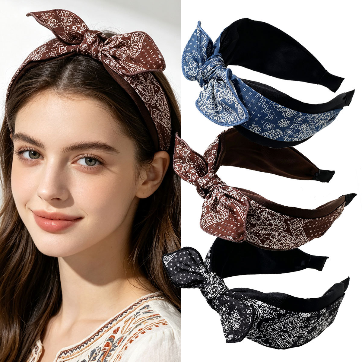 Conjunto de Faixa de Laço em Pata de Ganso, Faixas de Cabelo Largas Dupla Face para Mulheres, Estilo Boho Vintage,