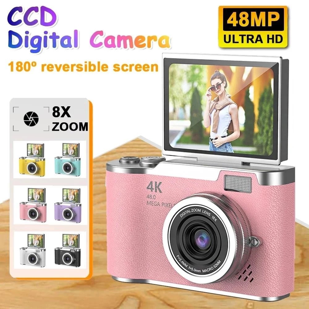 Câmera Digital CCD  NOVA 48MP com Tela Flip 4K 8X Zoom | Presente Estudante Portátil Selfie Vlog cores selecionáveis
