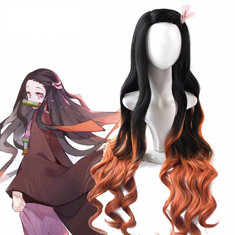 Cosplay Wig 95cm Long Curly Black Orange Brown Gradient Ombre Hair Heat Resistant Synthetic Anime Wigs + Wig Cap