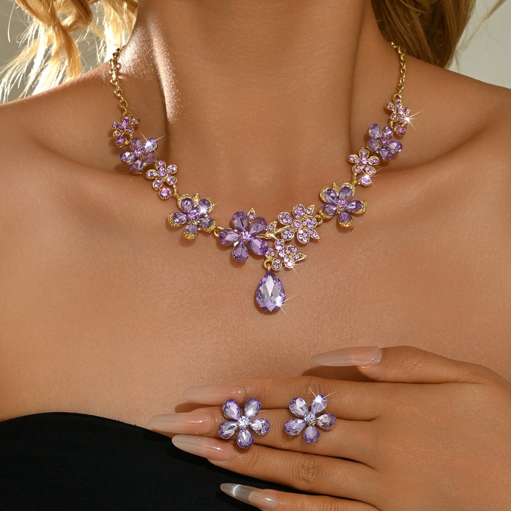 Crystal Bridal Necklace and Earrings Set, Wedding Dress, Banquet Dress Accessories, ins Style Floral Colorful