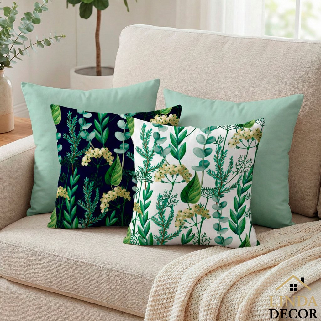 Kit Capas de Almofadas Decorativas OXFORD 45X45 – Verde Folhas Estampa Frente e Verso com Zíper Invisível | Linda Decor