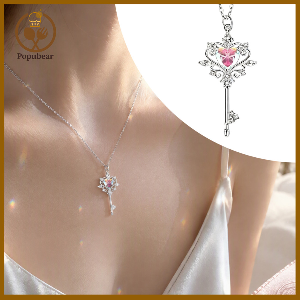 Fashionable Hollow Carving Necklace Key Pendant for Women Magic with Pink Cubic Zirconia Heart Sparkling Rhinestone for