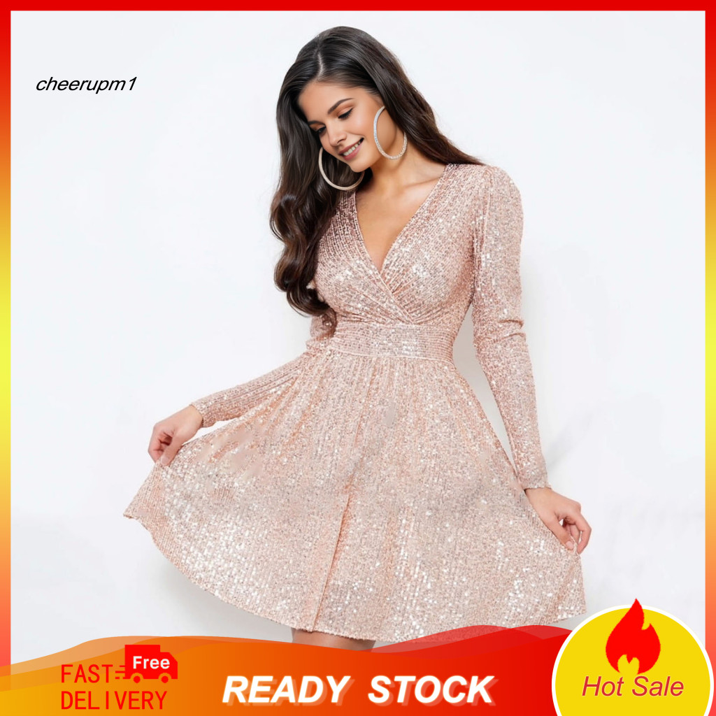 Women Short Dress Fashionable Mini Women’s Sparkling Sequin Long Sleeve V-neck Slim Fit Party for Weddings Clubs Proms