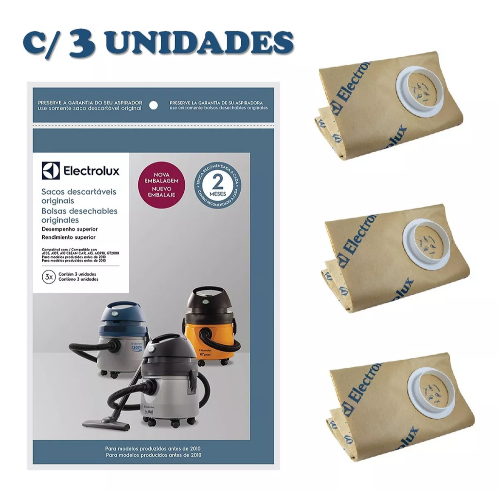 Kit 3 Sacos Aspirador Electrolux A10S, A10T, A10 CleanCar, A13, AQP10 e GT2000