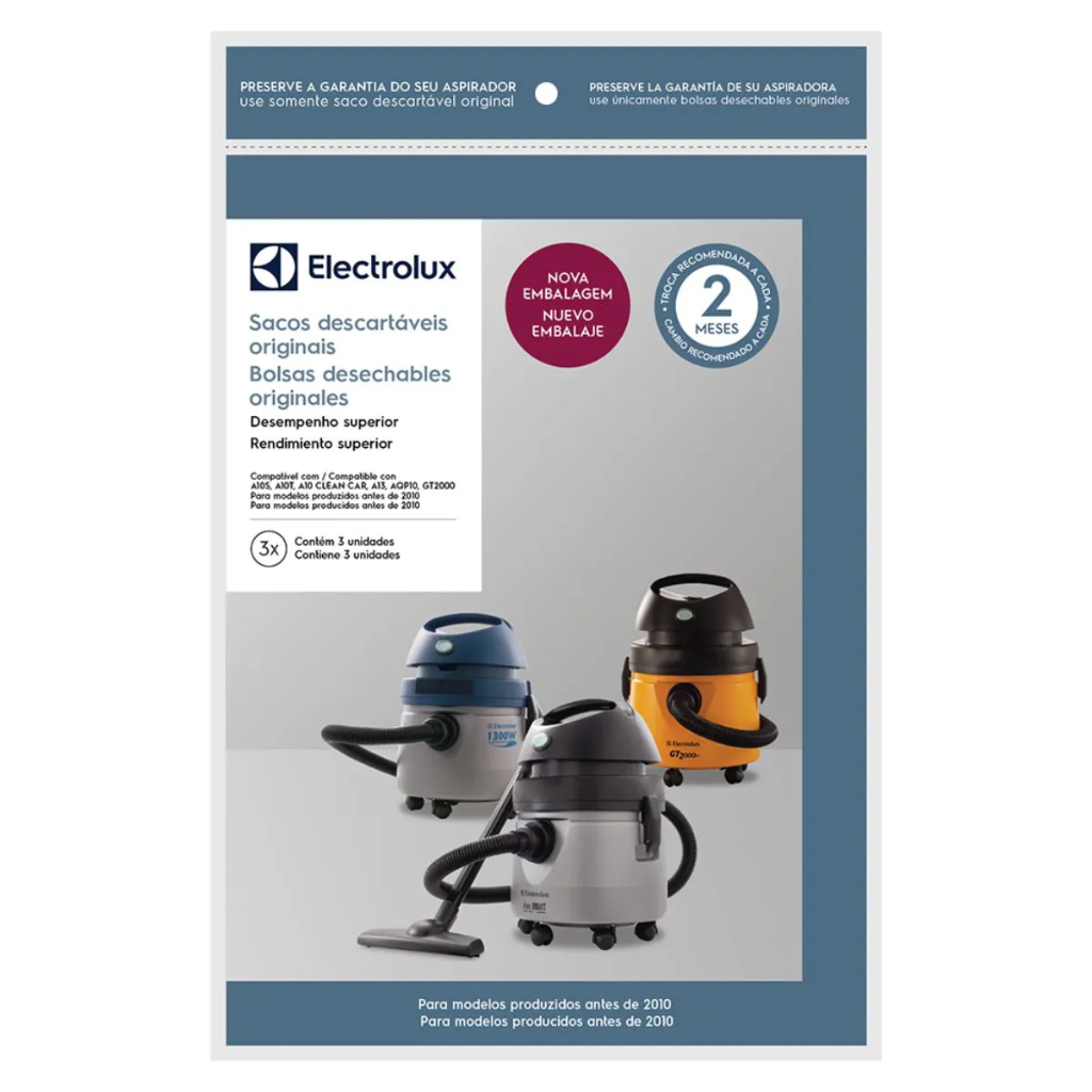3 Sacos Originais Aspirador Electrolux A10S/ A10T/ A10 CleanCar/ A13/ AQP10 e GT2000
