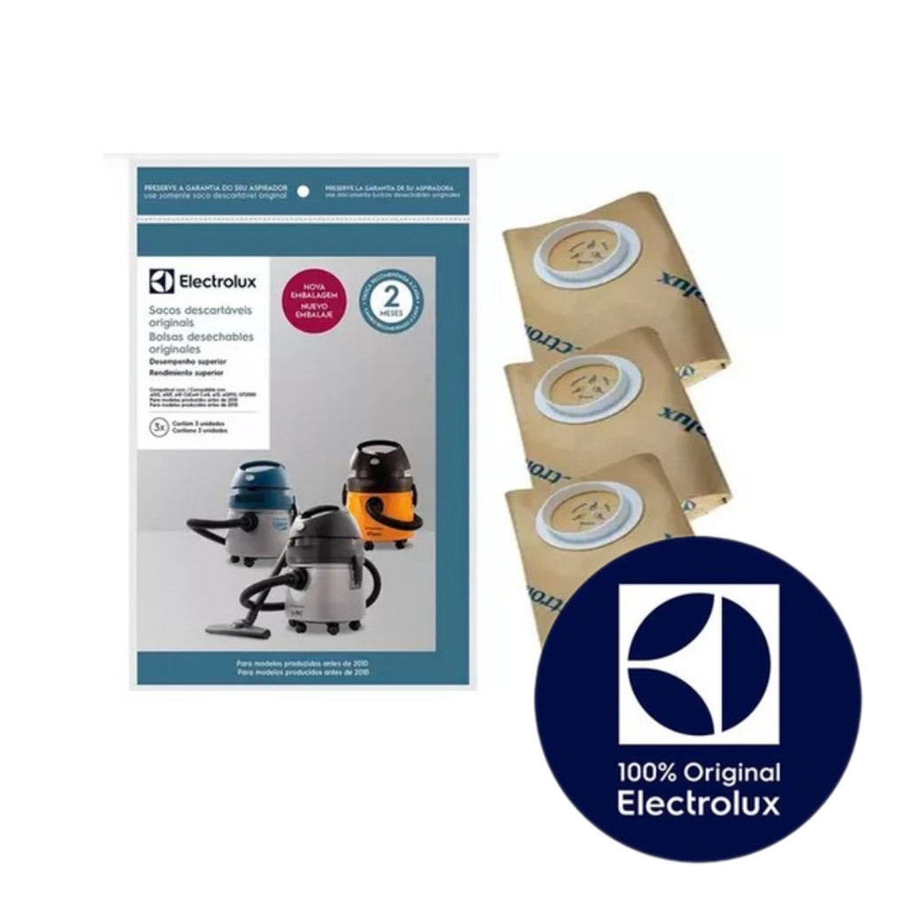 KIT 3 SACOS ASPIRADOR PÓ ELECTROLUX - A10S/A10T/A10/A10CLEAN/A13/A10N1/AQP10/AQP20/GT200/GT20N/FLEXS/FLEXN/AWD01/CSE10