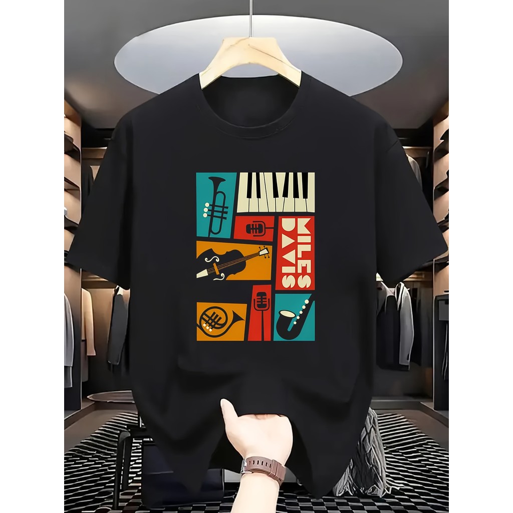 Camiseta T-shirt 100% Algodão Music Print Microphone Suona Piano Spring Summer Tailored Fit Casual Confortável Moderna E