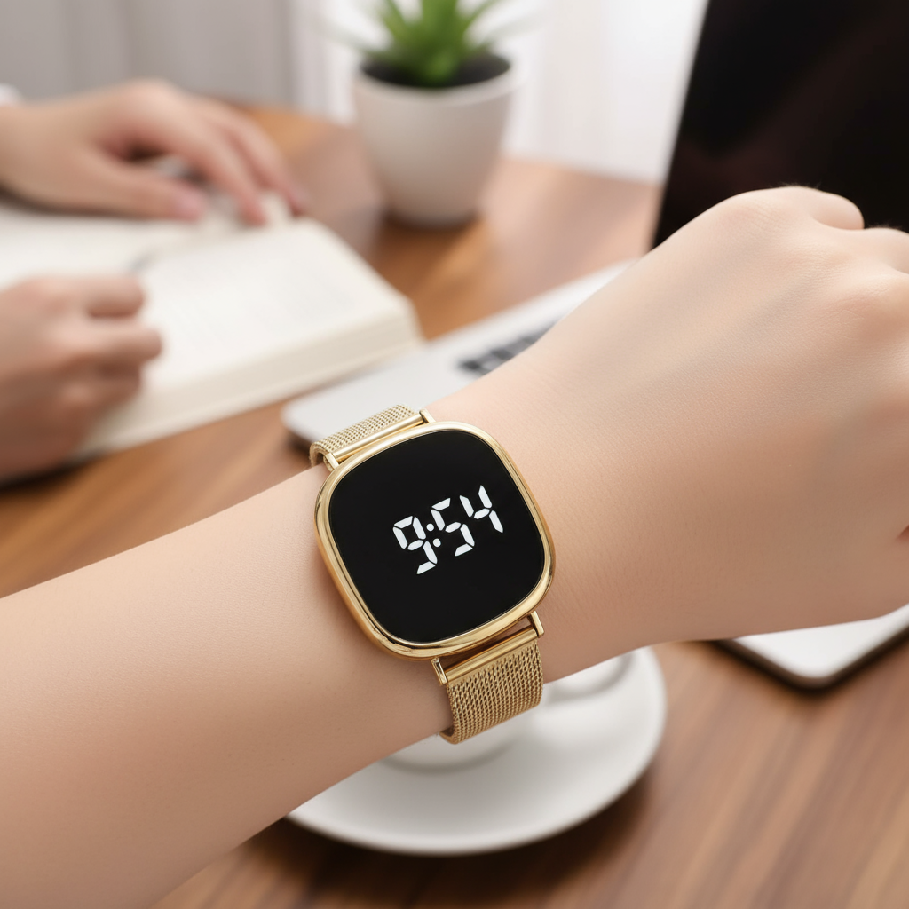 Relógio de Tela Touch LED, Acessório Digital Unissex com Pulseira Magnética Milanesa, Presente de Moda para Estudantes