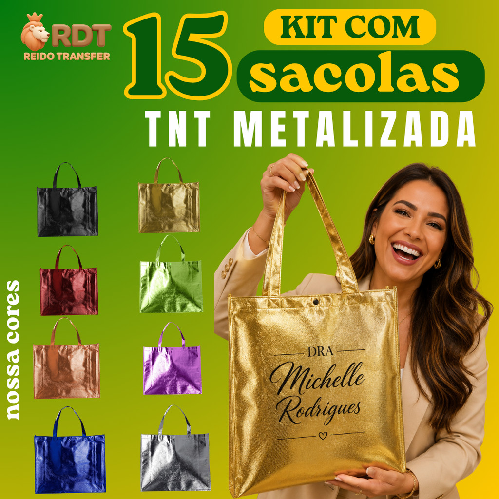 Sacola Tnt Metalizado 45x35x11 Personalizada C/ Logo Kit Com 15 Unidades