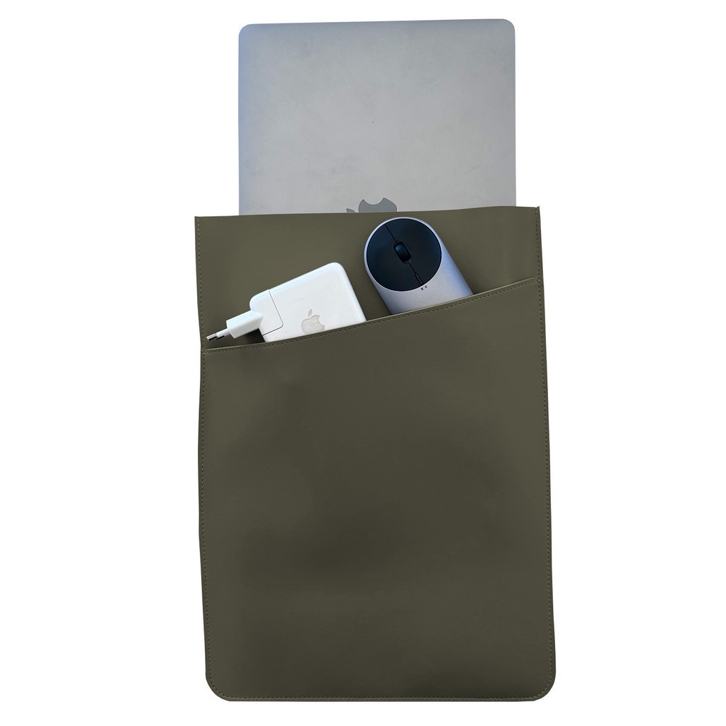 Pasta Case Para Notebook de Couro Verde Musgo com Bolso