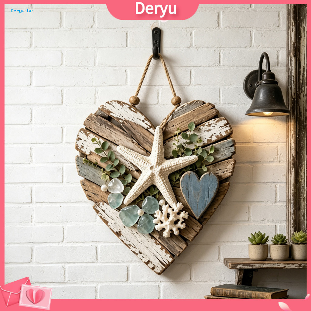 Cozy Fall Porch Accents Rustic Farmhouse Wall Decor Coastal Heart Hanging Ornament with Led Light Wood Beads Jute Rope P
