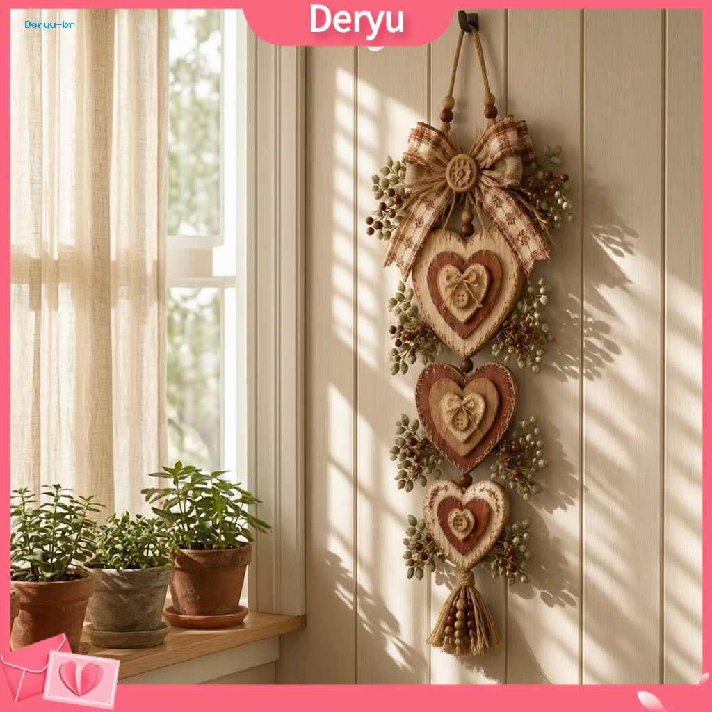 Vintage Country Home Decor Rustic Farmhouse Wall Heart Shaped Hanging Pendant with Wooden Beads Bow Led Light for Front