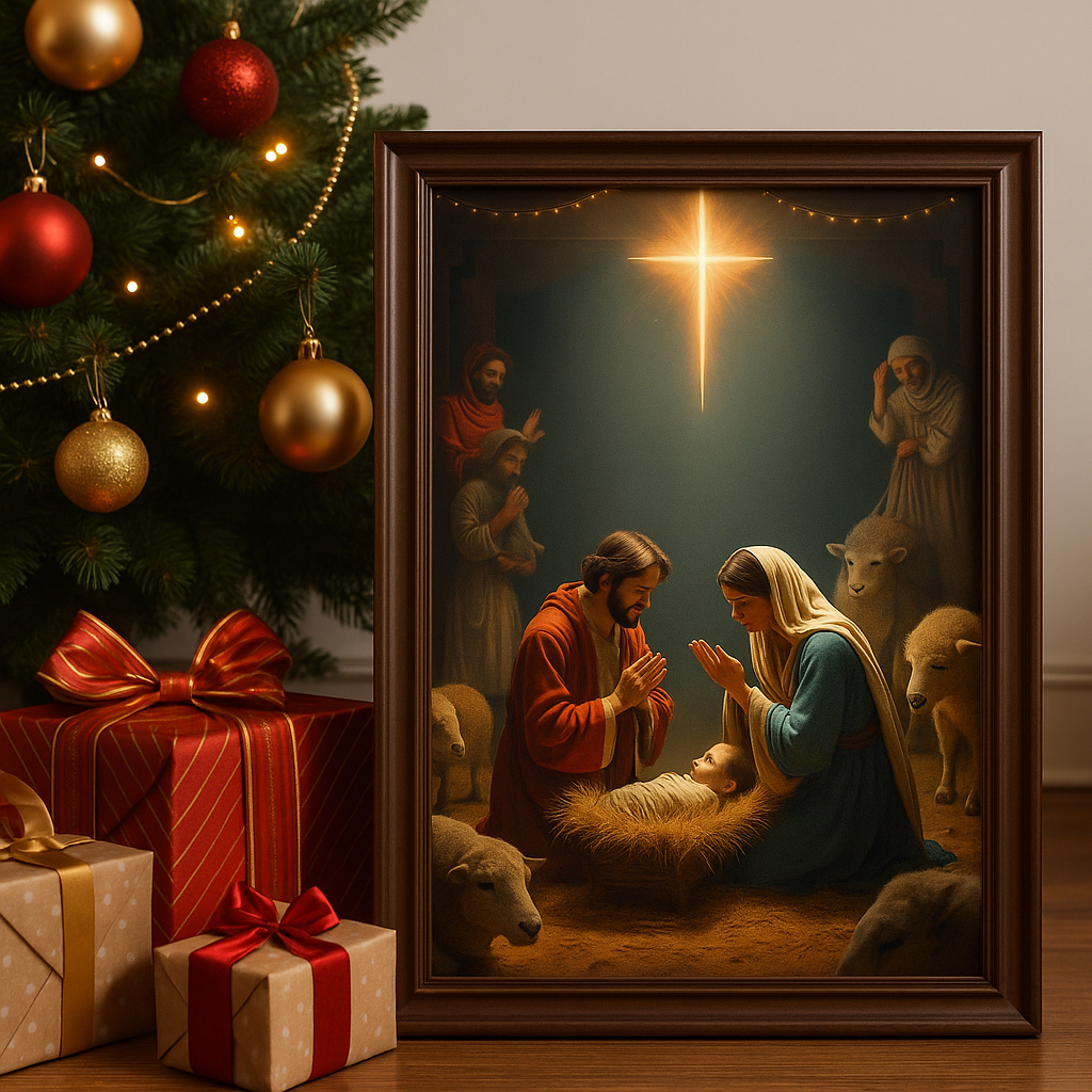 Quadro Decorativo Com Moldura Nascimento De jesus - Merry Christmas Feliz Natal - Presente Especial