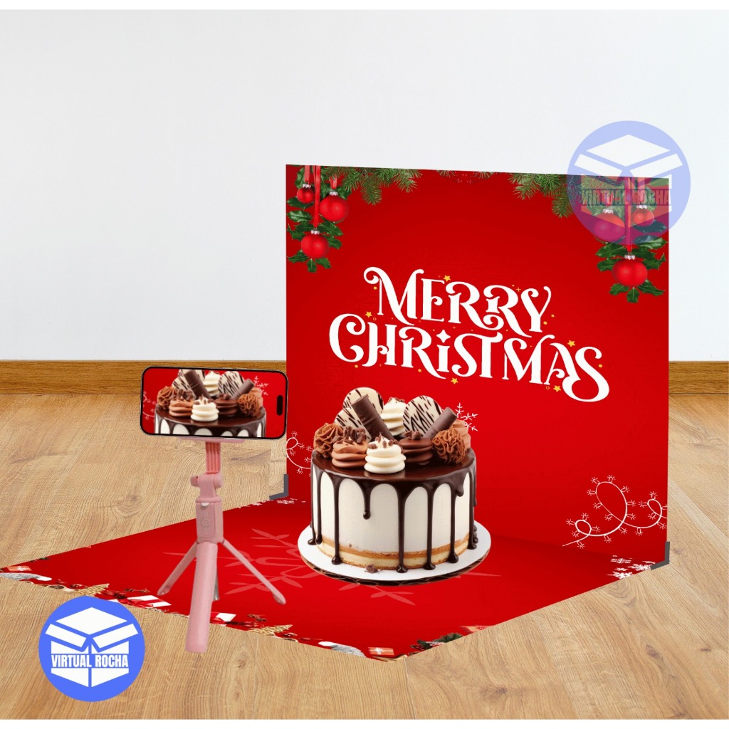 Fundo Fotográfico Vermelho Natal Clássico Bolo Luxo Mesa Doce Enfeite Festa Backdrop Merry Christmas