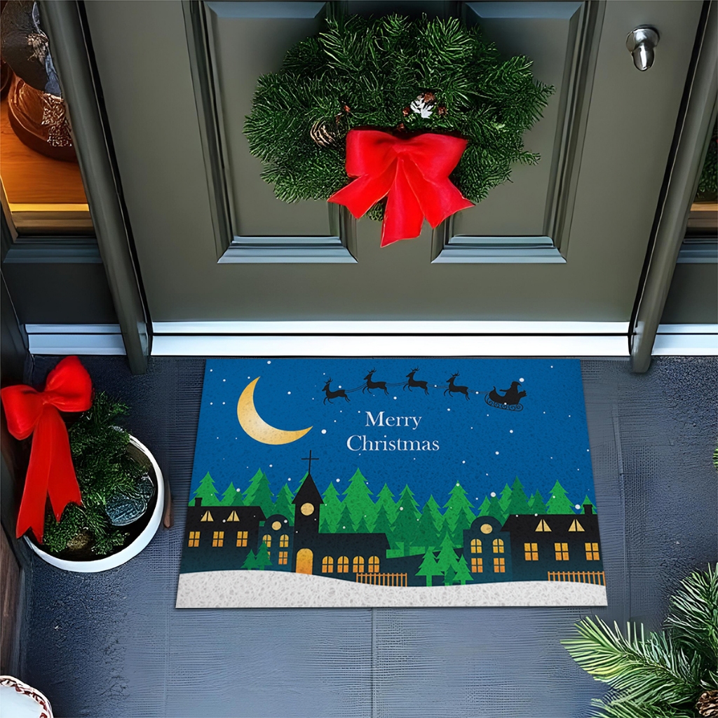Tapete Capacho Divertido Para Porta Merry Christmas Azul Premium 60x40 Ca948