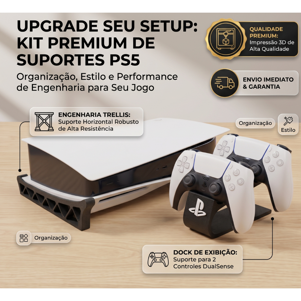 Kit Gamer Base Para Playstation 5 PS5 Slim Fat Pro e Suporte para Controle de Vídeo Game Universal
