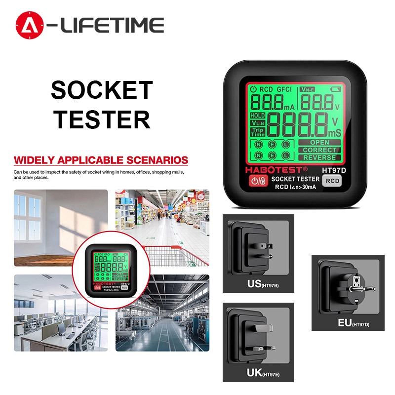 Um Conjunto De Testador De Soquete LCD HT97 Pro , Detector De Tomada Universal De Plugue Ue Dos Eua Reino Unido Com Test