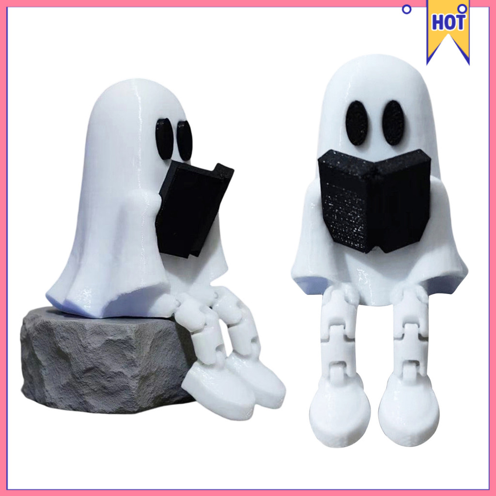 3d Printed White Ghost Figurine with Articulated Legs – Cute Sitting Statue Halloween Desk Ornament Spooky Home Decor