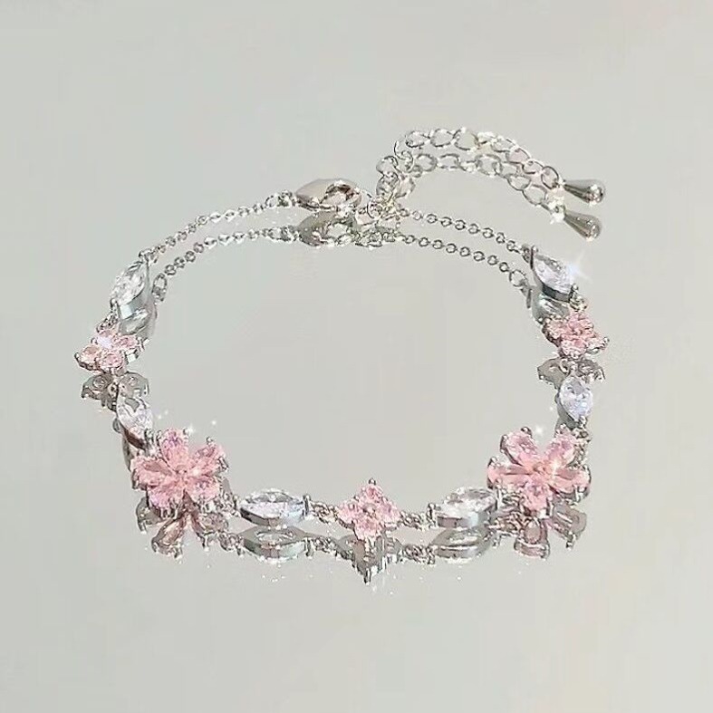 Moda Coreana Zircon Crystal Cherry Blossom Flower Bowknot Pulseira Ajustável Bangle Women Girl Lucky Jewelry Dress Accessories Aniversário Presente