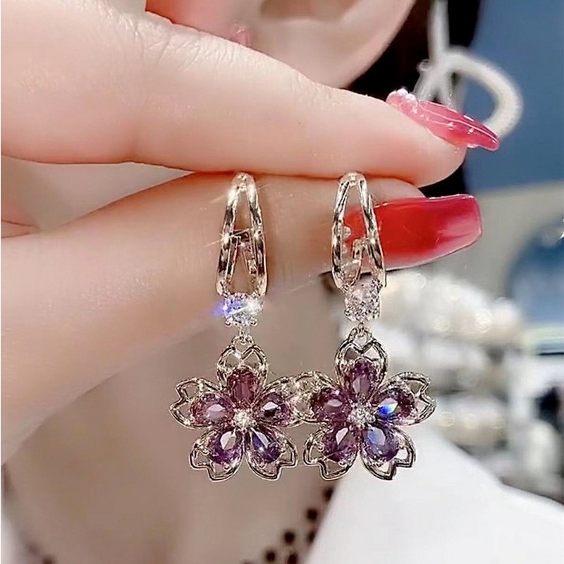 Moda Sem Desbotamento Flor De Ouro 18k Folheada A Sakura Crystal Zircon Stud Earrings Hoop Women Lucky Jewelry Aniversário Dia Das Mães Presente