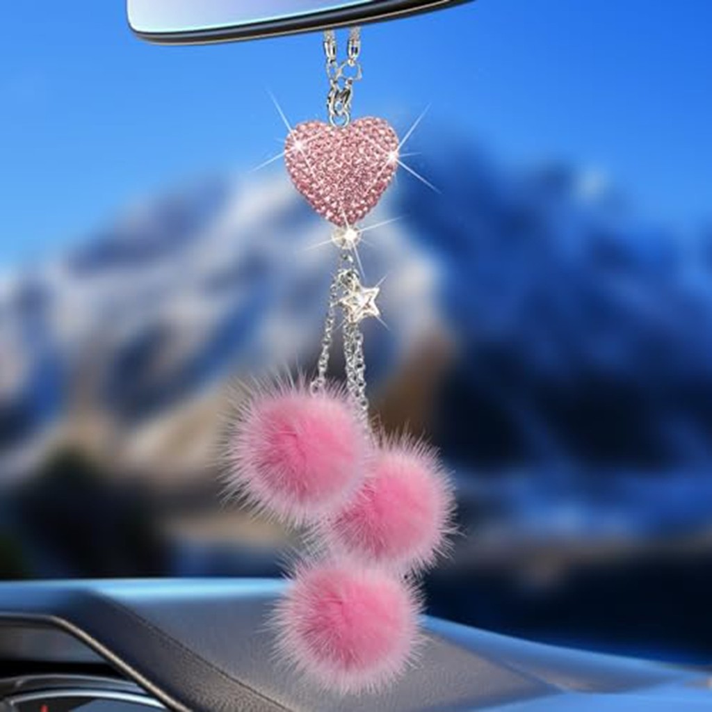 Acessórios Decorativos Para Carros Pendurados Com Bola De Pelúcia Rosa Bling , Espelhos Retrovisores De Cristal Mulheres , Pingentes Lucky Presents Ornamento Todos Os